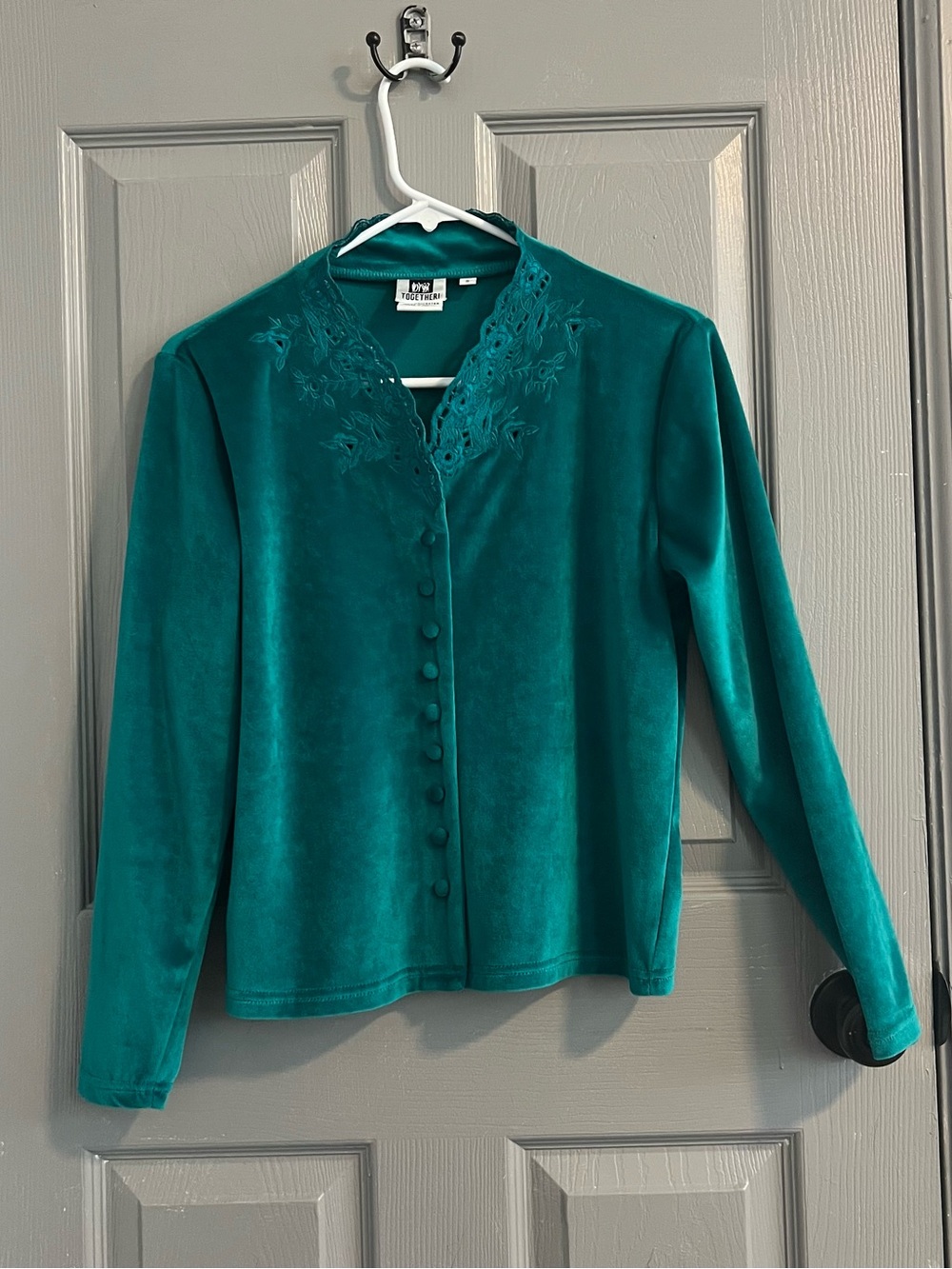 Together Teal Embroidered Button-Front Top Cardigan Retro Festive
